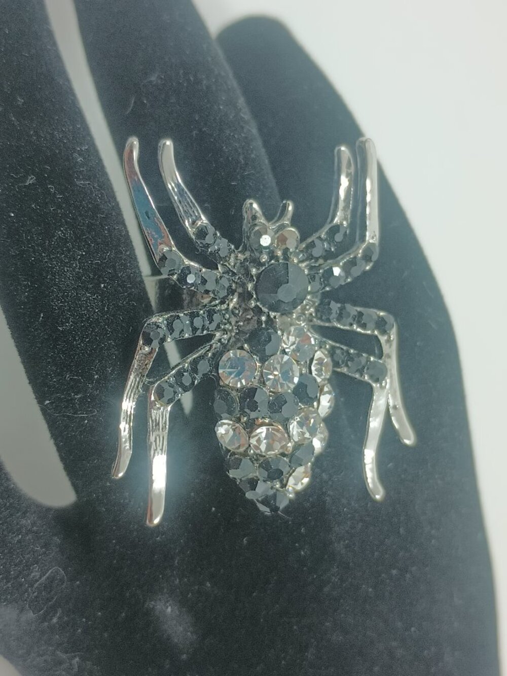 Spider Ring With Black and Clear Rhinestones Adjustable Size